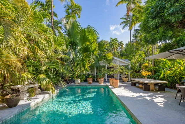 a view of a patio with table and chairs potted plants and a large tree