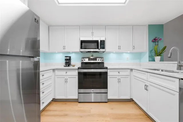 a view of a dining room with furniture