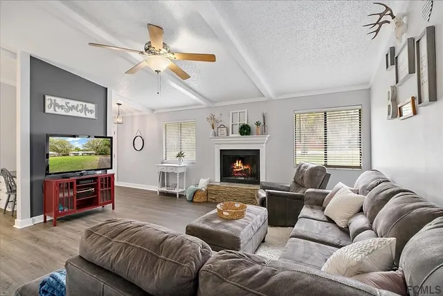 a living room with furniture a flat screen tv and a fireplace