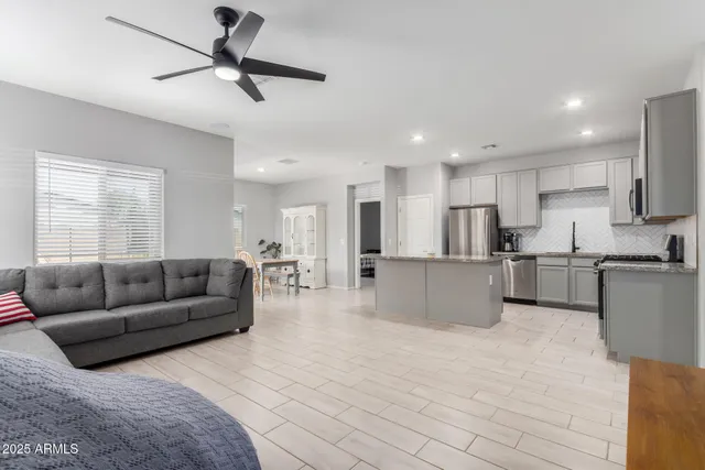 a large kitchen with cabinets