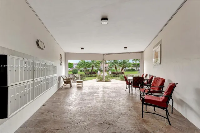 a view of a garden with plants and large trees