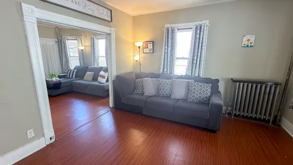 a living room with couches and a potted plant next to a window