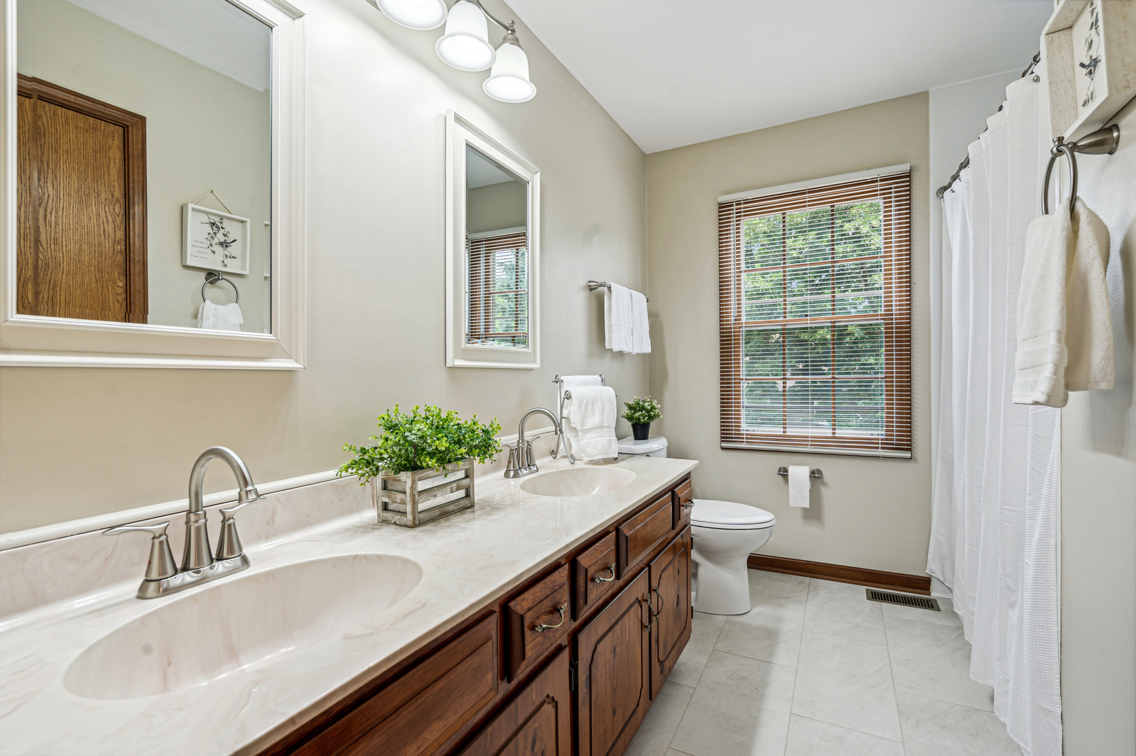766 Raintree Drive Naperville, IL 60540 - Photo 17 of 30 a bathroom with double vanity sinks a large mirror and a bathtub
