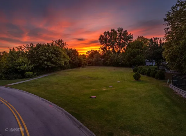 a view of a field with an trees