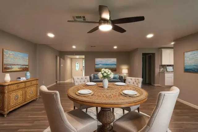 a view of a dining room with furniture