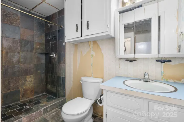a bathroom with a sink toilet and shower