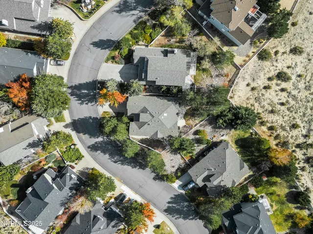 an aerial view of a house with a yard and a large tree