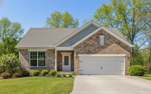 a view of a house with a yard and potted plants