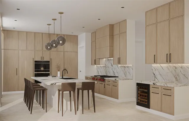 a kitchen with kitchen island granite countertop a stove a sink a dining table and chairs