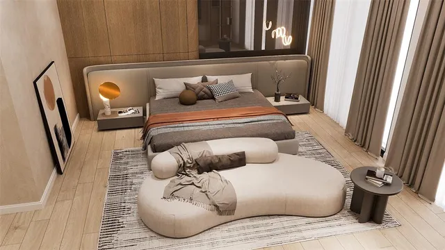 a bedroom with a large bed and a large window