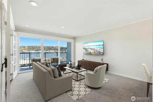 a balcony with furniture and wooden floor