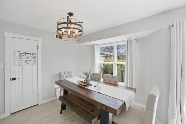 a view of a dining room with furniture window and outside view