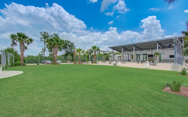 a view of a backyard with plants and a patio