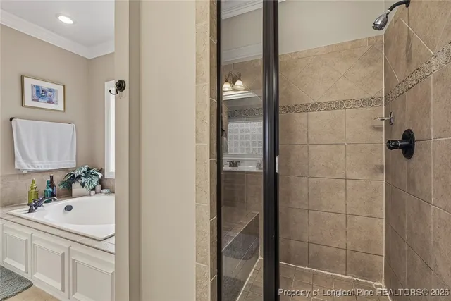 a bathroom with a bathtub and shower