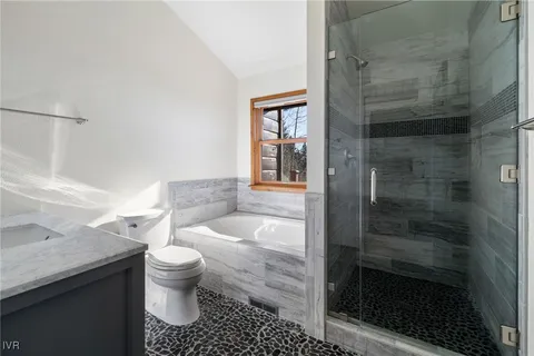 a bathroom with a granite countertop bathtub shower sink and toilet