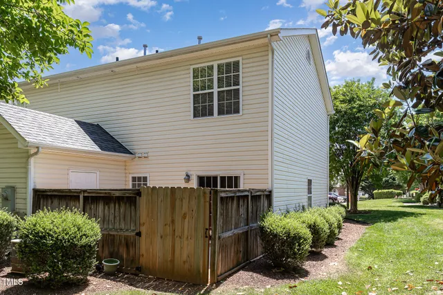 a view of backyard with potted plants and a large tree