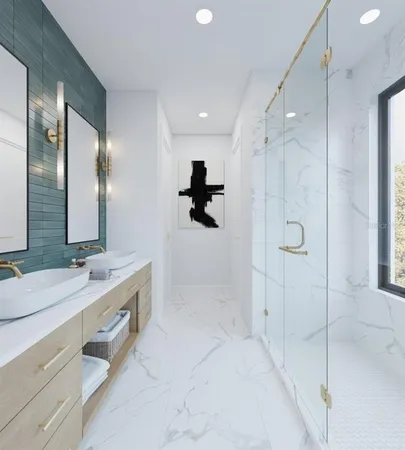 a bathroom with a bathtub and shower
