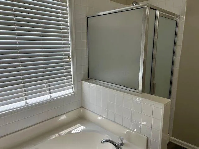 a bathroom with a shower and a window