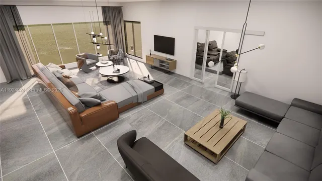 a living room with furniture and a table