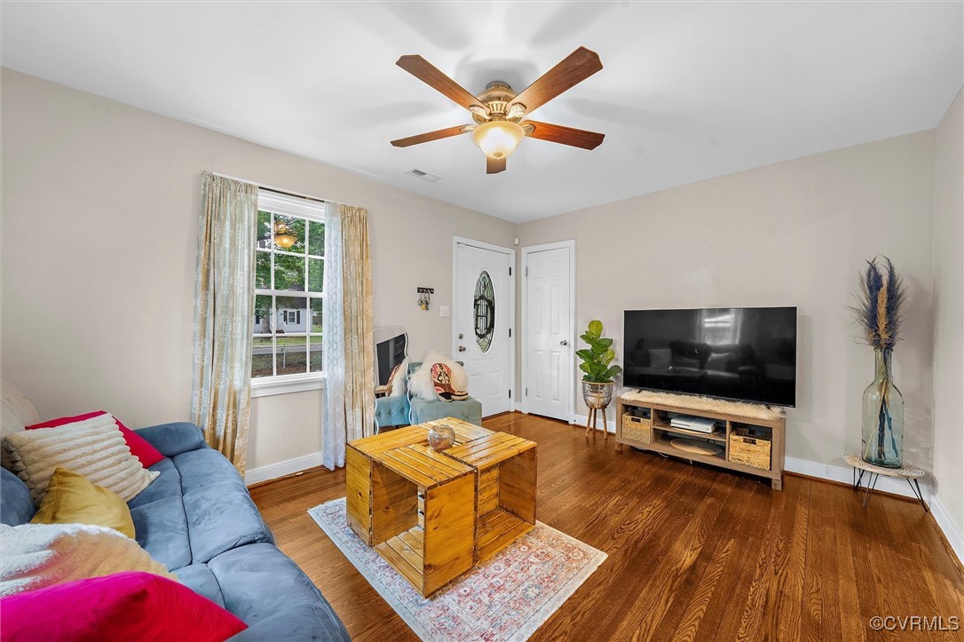 4444 Cogbill Road Richmond, VA 23234 - Photo 9 of 32 Living room with baseboards, ceiling fan, and wood