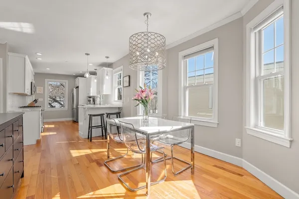 a view of a dining room with furniture window and wooden floor