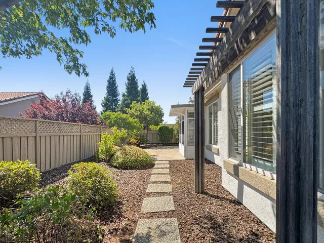 a view of a backyard with plants and wooden fence