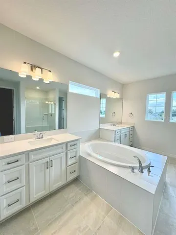 a bathroom with a bathtub a double vanity sink and mirror
