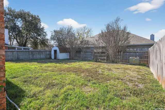 a view of a backyard with a large tree and wooden fence