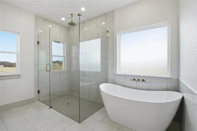 a bathroom with a bathtub and a shower