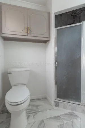 a bathroom with a toilet and a shower