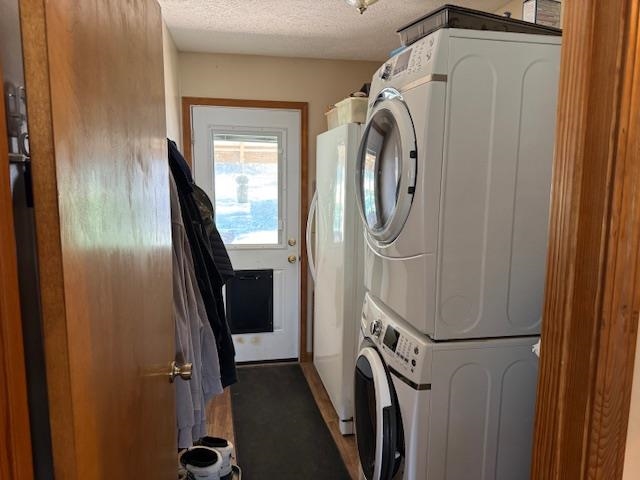 2551 Naylor Road Toone, TN 38381 - Photo 15 of 23 Laundry room featuring stacked washing machine and dryer and a textured ceiling