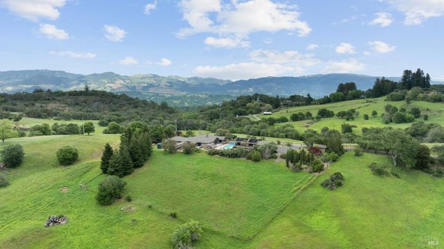 a view of a garden with mountains in the background