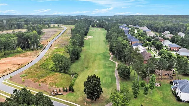 an aerial view of green landscape with trees houses and lake view