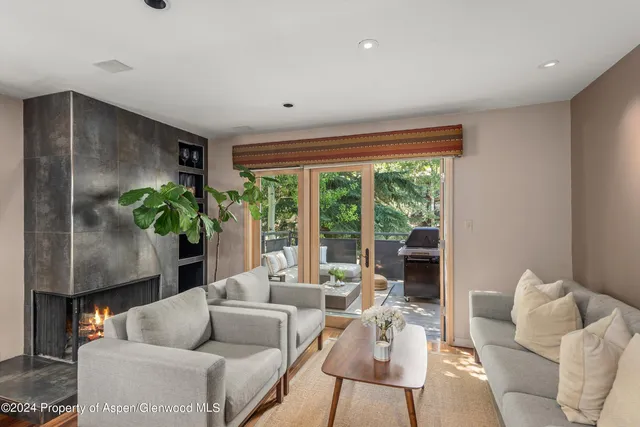 a living room with furniture and a potted plant