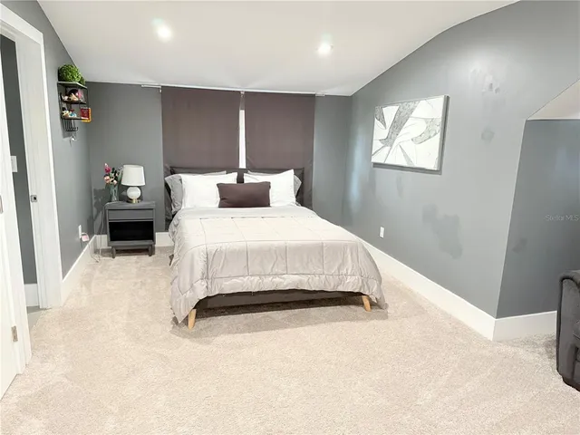 a view of a park with large trees