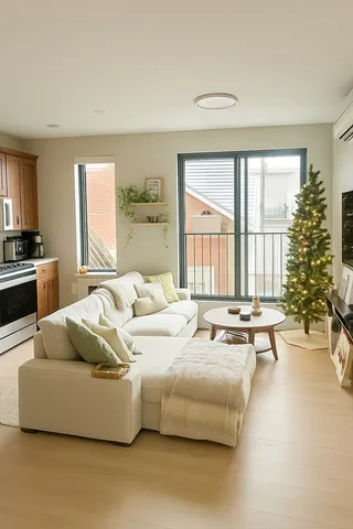 a living room with furniture and large windows