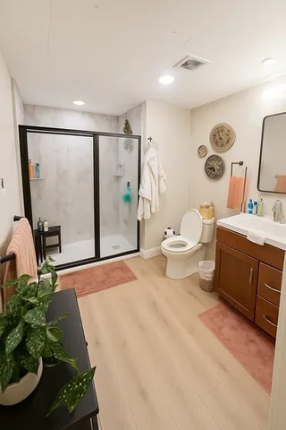 a bathroom with a sink toilet and shower