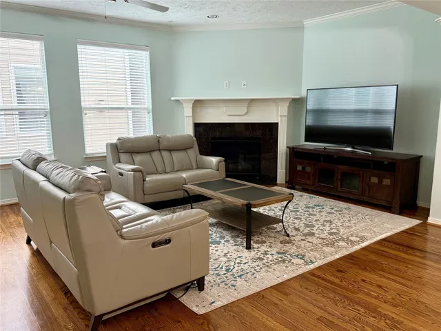 a living room with furniture and a fireplace