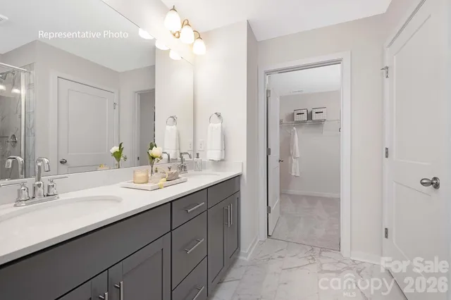 a bathroom with a double vanity sink mirror and shower
