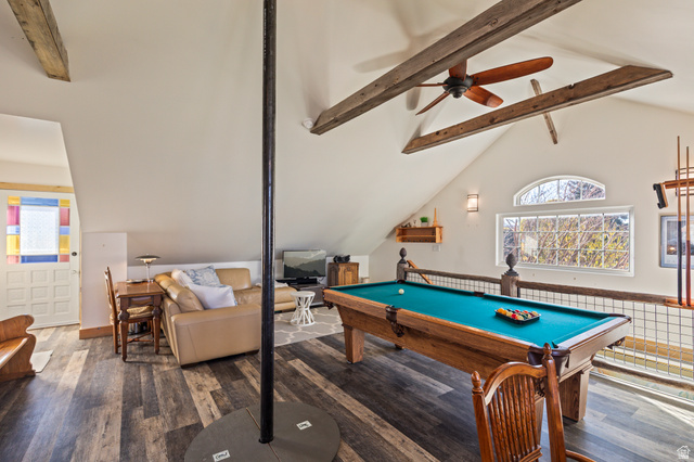 390 North 100 West Monroe, UT 84754 - Photo 125 of 167 Rec room with beam ceiling, healthy amount of natural light, wood finished floors, pool table, and ceiling fan