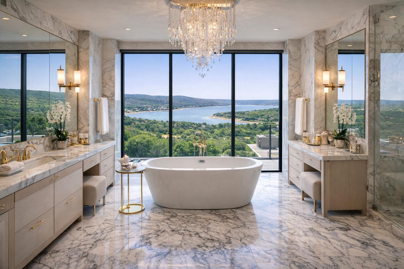 8102 Moon Rise Trail Jonestown, TX 78645 - Photo 23 of 33 a living room with a large window and chandelier