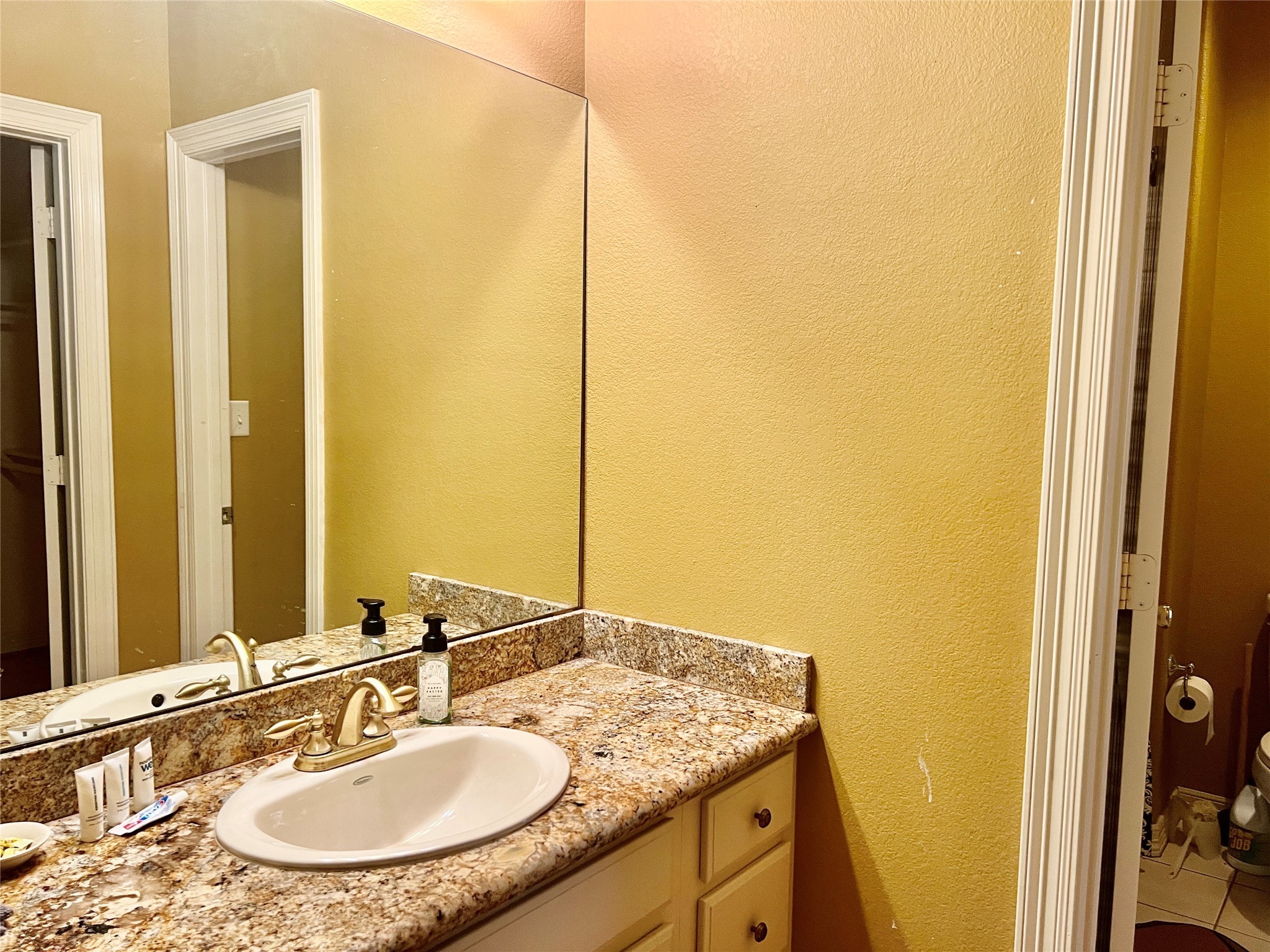3301 Roya Court Port Arthur, TX 77642 - Photo 32 of 40 a bathroom with a granite countertop sink and a mirror