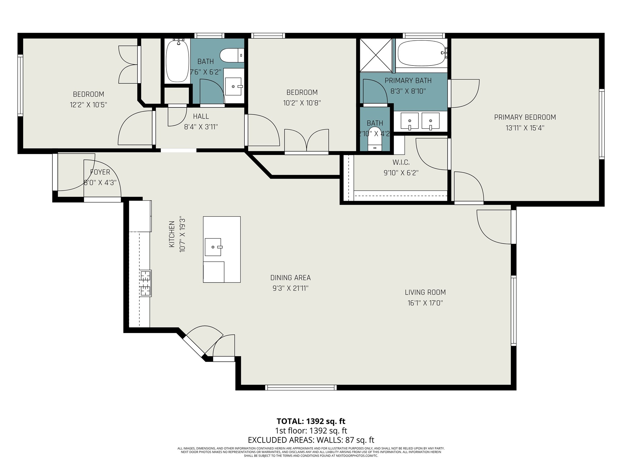 4906 Luke Matthew Drive Rosharon, TX 77583 - Photo 34 of 34 This floor plan features a spacious 1,392 sq. ft. layout with three bedrooms and two bathrooms. The primary bedroom includes an en-suite bath and walk-in closet. The open-concept kitchen flows into the dining and living areas, perfect for entertaining. There's also a foyer and a hallway leading to additional bedrooms and a bathroom.
