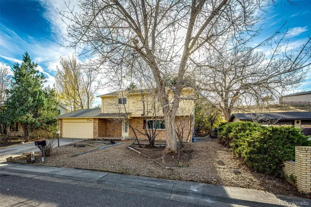 a view of a house with a yard and garage