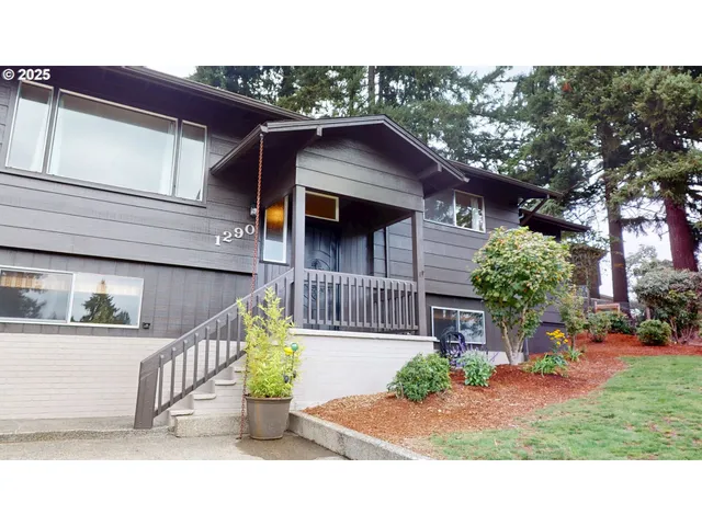 a view of a house with a yard and potted plants