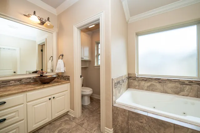 a bathroom with a granite countertop sink a toilet and bathtub