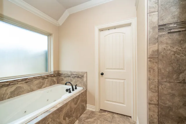 a bathroom with a bathtub and shower