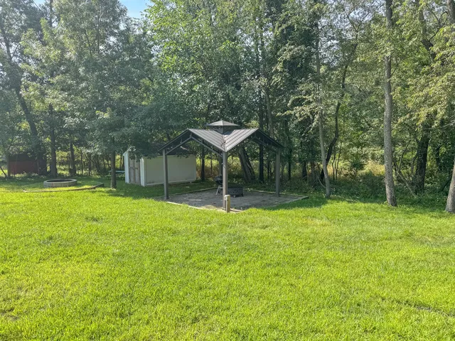 a view of a garden with a bench
