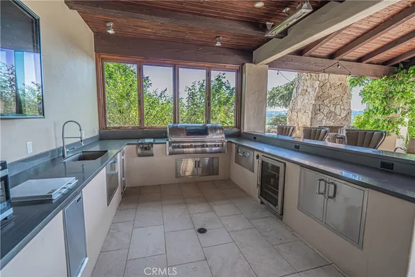 an aerial view of a house with a garden