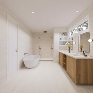 a large white room with a white cabinets and a couch